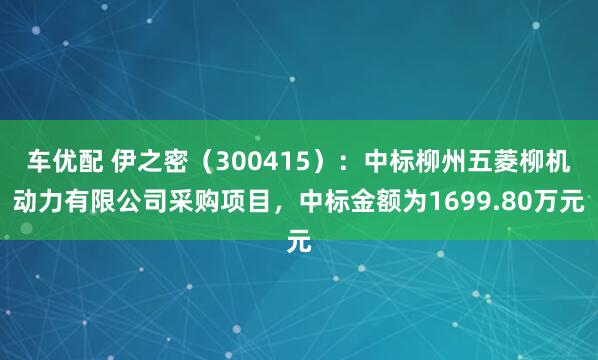 车优配 伊之密（300415）：中标柳州五菱柳机动力有限公司采购项目，中标金额为1699.80万元